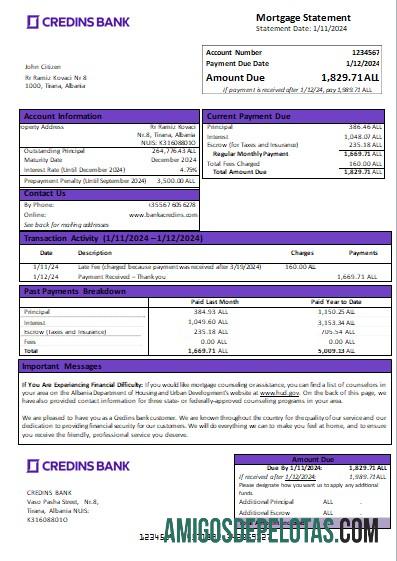 Declaração de hipoteca do Banco Credins da Albânia Scr amostra